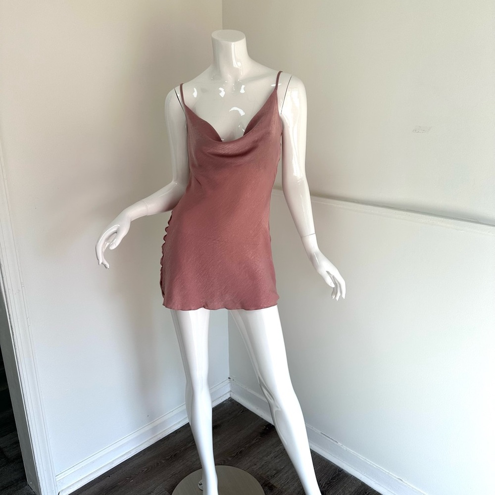 Simple Mini Slip Dress Cowl Neck Satin Dusty Rose Size Small